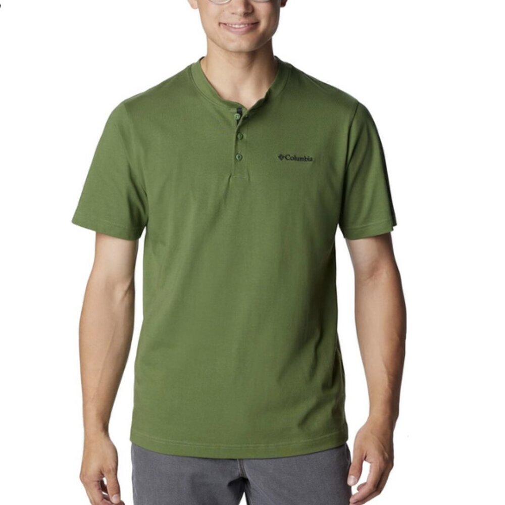 Small Forest Green Henley T Shirt Tee Short Sleeve 100% Cotton Columbia Men's